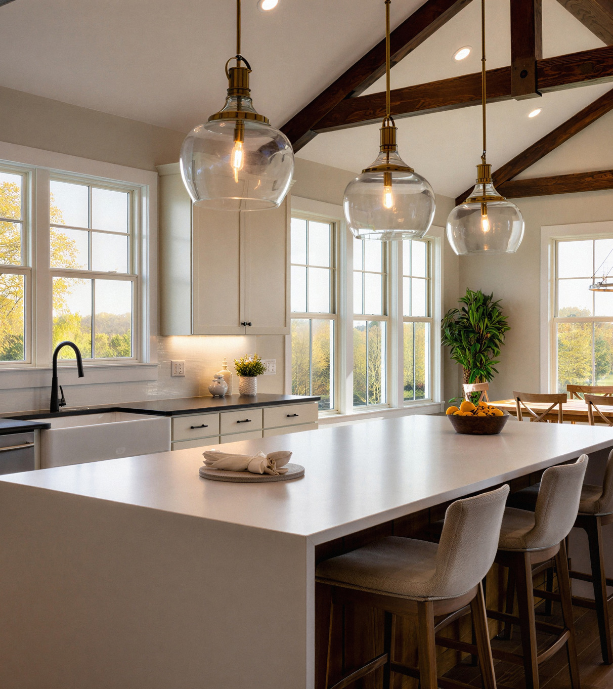 Laminate worktop island in a pitched-roof kitchen